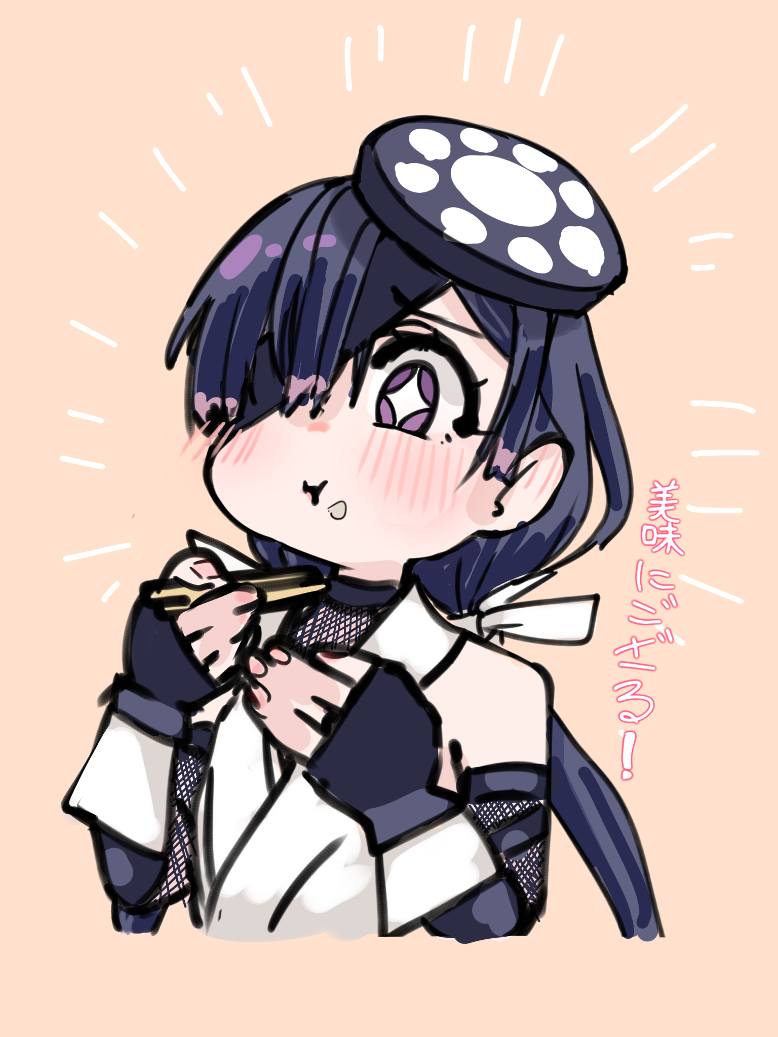 niwaikanai, mochizuki chiyome (fate), fate/grand order, fate (series), highres, translation request, 1girl, arm strap, bare shoulders, black hair, blush, breasts, chopsticks, eating, eyepatch, fishnets, hair ornament, japanese clothes, kimono, long hair, mochizuki chiyome (second ascension) (fate), purple eyes, sleeveless, sleeveless kimono, small breasts, solo, sparkling eyes, very long hair, white kimono