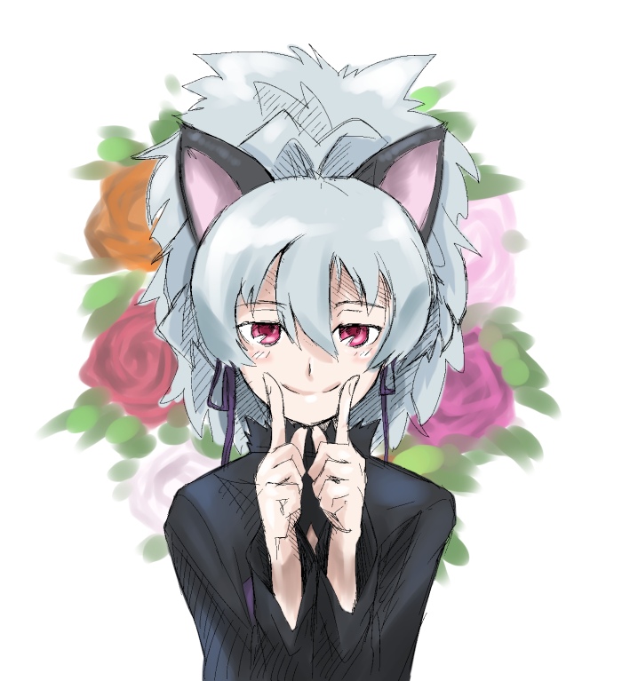 oso (toolate), yin (darker than black), darker than black, 00s, animal ears, cat ears, fingersmile, sketch, smile, solo