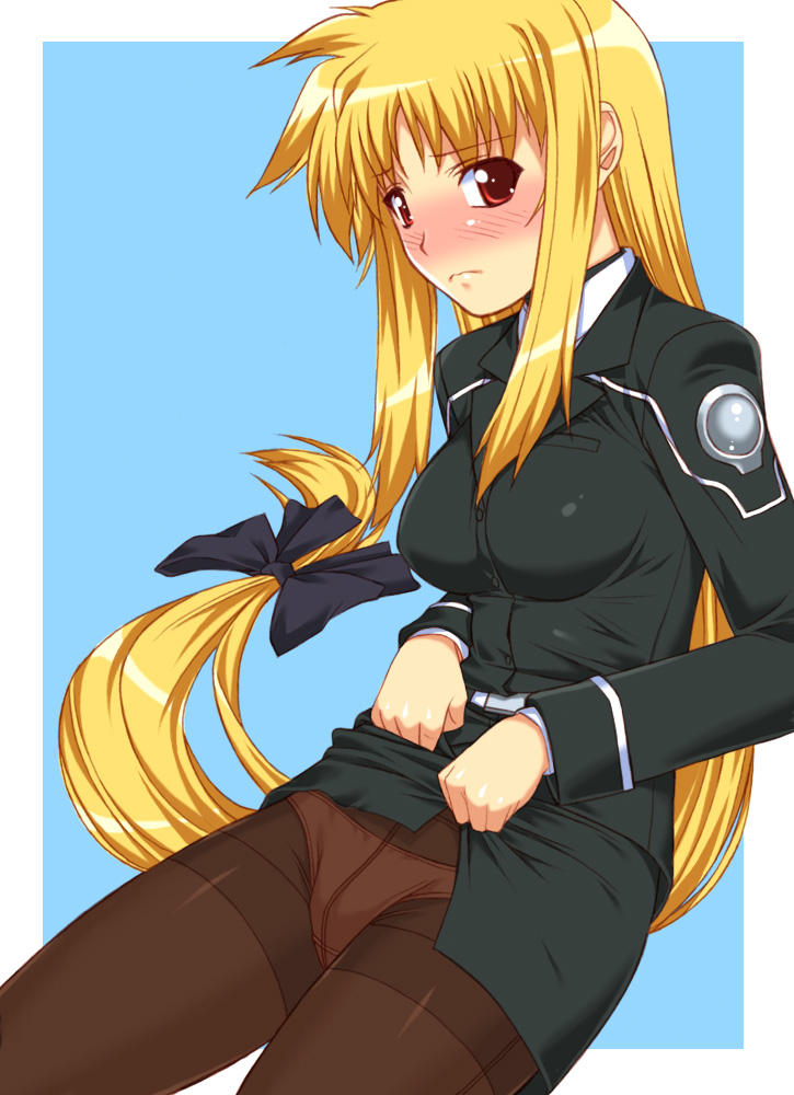 shichimenchou, fate testarossa, lyrical nanoha, mahou shoujo lyrical nanoha, mahou shoujo lyrical nanoha strikers, 00s, 1girl, brown pantyhose, clothes lift, crotch seam, female focus, long hair, low-tied long hair, panties, panties under pantyhose, pantyhose, pencil skirt, skirt, skirt lift, solo, thighband pantyhose, underwear, upskirt