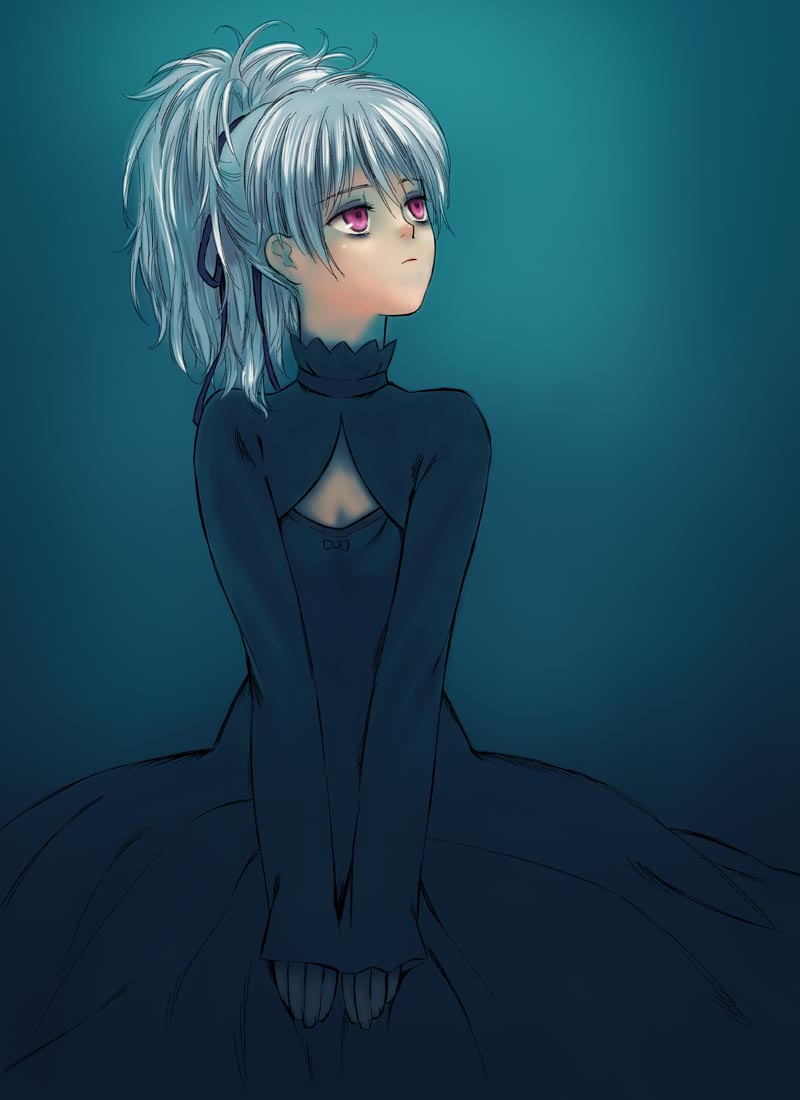 yin (darker than black), darker than black, 00s, 1girl, dress, female focus, grey hair, hair ribbon, long sleeves, maroon eyes, ponytail, ribbon, simple background, sitting, solo