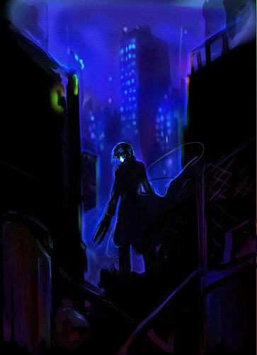 hei (darker than black), darker than black, lowres, 00s, 1boy, back, black hair, black jacket, building, city, cityscape, jacket, male focus, mask, night, solo, standing, wire