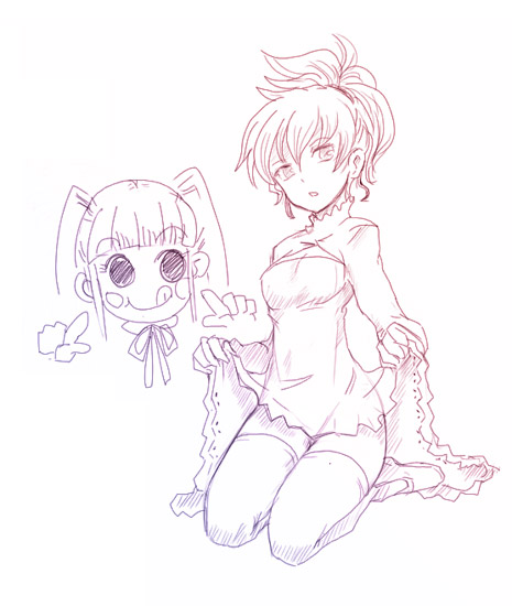 kara (color), kiko, kayanuma kiko, yin (darker than black), darker than black, 00s, 2girls, clothes lift, monochrome, multiple girls, purple theme, sketch, skirt, skirt lift, thighhighs, zettai ryouiki