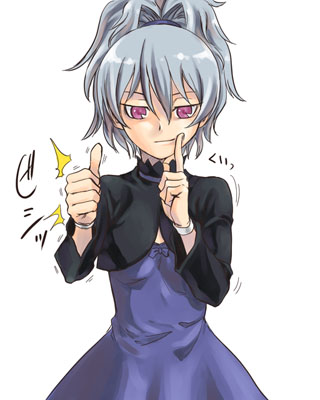 yin (darker than black), darker than black, lowres, 00s, 1girl, bracelet, dress, female focus, fingersmile, jewelry, purple dress, smile, solo, thumbs up