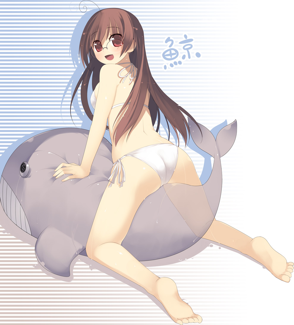 kashiwamochi yomogi, arima senne, original, 1girl, ahoge, ass, barefoot, bent over, bikini, blush, breasts, brown hair, feet, female focus, from behind, glasses, inflatable toy, inflatable whale, long hair, looking at viewer, looking back, medium breasts, open mouth, red eyes, side-tie bikini bottom, smile, soles, solo, striped background, swimsuit, toes, wet, white background, white bikini