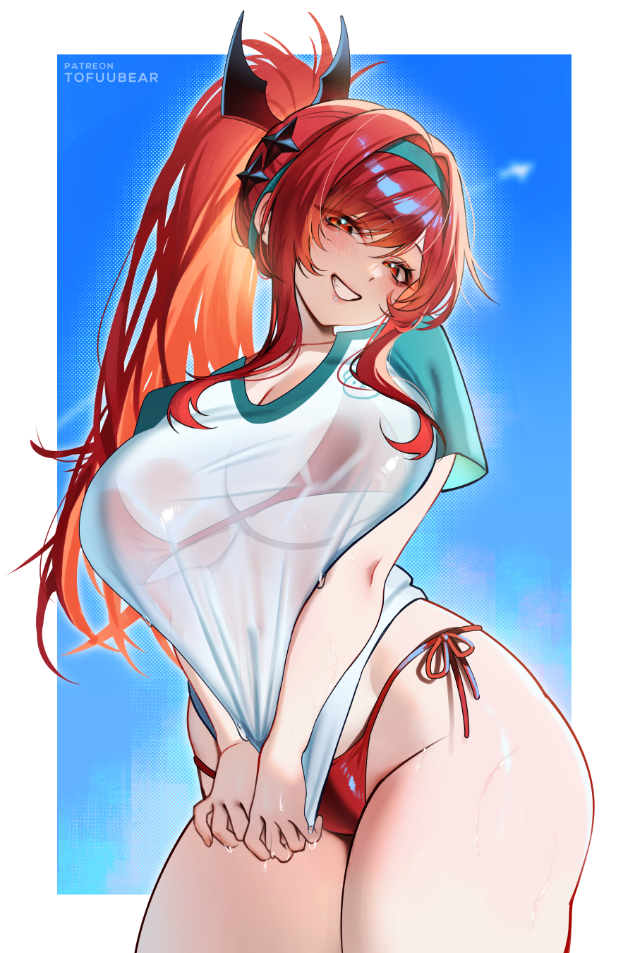 tofuubear, rapi (nikke), rapi (red hood) (nikke), rapi (red hood) (red flavor) (nikke), goddess of victory: nikke, highres, 1girl, bikini, blue sky, blush, breasts, choker, green hairband, grin, hairband, large breasts, long hair, looking at viewer, official alternate costume, official alternate hairstyle, ponytail, red bikini, red eyes, red hair, shirt, short sleeves, sidelocks, sky, smile, solo, swimsuit, thighs