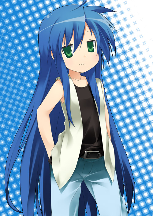 mizuki makoto, izumi konata, lucky star, 00s, 1girl, belt, belt buckle, beret, blue hair, buckle, collarbone, contemporary, denim, female focus, green eyes, halftone, halftone background, hand in pocket, hat, jeans, looking at viewer, looking back, mole, mole under eye, open clothes, open vest, pants, pocket, sleeveless, solo, standing, tank top, vest