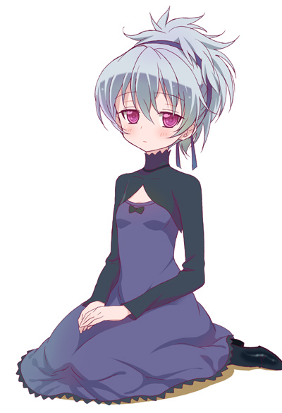 yin (darker than black), darker than black, 00s, 1girl, dress, female focus, full body, grey hair, hair ribbon, kneeling, long sleeves, maroon eyes, ponytail, purple dress, purple ribbon, ribbon, simple background, sitting, solo, white background