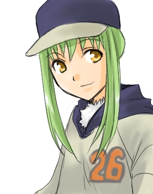 orenji na usagi, amber (darker than black), darker than black, lowres, 00s, 1girl, baseball cap, female focus, green hair, hat, hood, hoodie, simple background, solo, upper body, white background