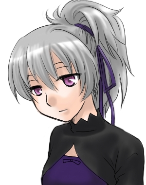 orenji na usagi, yin (darker than black), darker than black, lowres, 00s, 1girl, dress, female focus, grey hair, hair ribbon, long sleeves, ponytail, purple dress, purple eyes, purple ribbon, ribbon, simple background, solo, upper body, white background