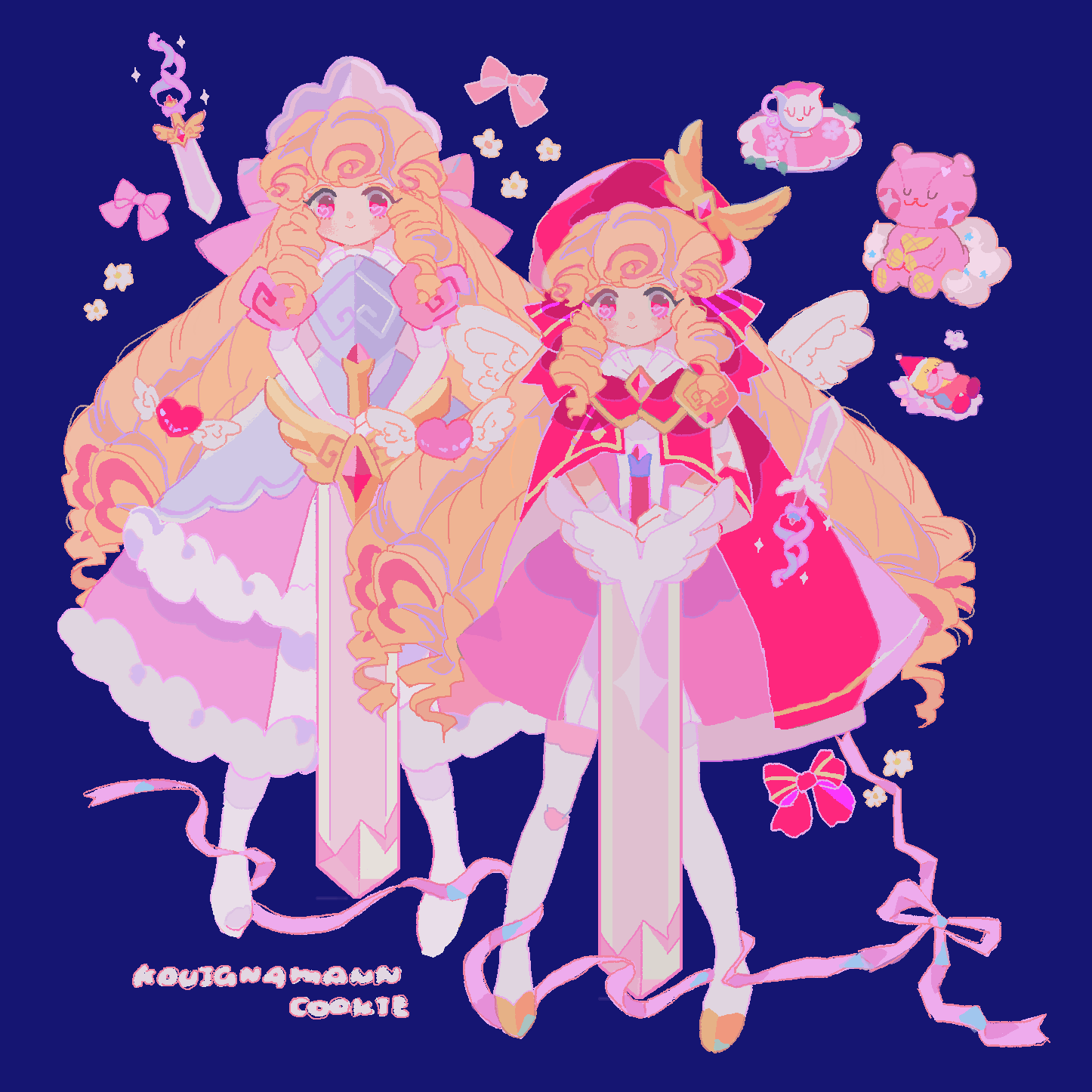 reed, kouign-amann cookie, cookie run, cookie run: kingdom, commentary, highres, symbol-only commentary, 2girls, armor, big hair, blonde hair, blue background, boots, bow, character name, closed mouth, cup, dress, drill hair, dual persona, elbow gloves, feathered wings, film grain, flower, frilled dress, frills, full body, gloves, hat, heart, holding, holding sword, holding weapon, humanization, jacket, jacket on shoulders, kouign-amann cookie (pride of the academy), legs apart, long dress, long hair, looking at viewer, multicolored hair, multiple girls, official alternate costume, pink bear jelly, pink bow, pink dress, pink eyes, pink hair, pink hat, pink jacket, pink ribbon, puffy short sleeves, puffy sleeves, ribbon, short dress, short sleeves, silver tiara, simple background, smile, standing, straight-on, streaked hair, sugar gnome, sword, two-handed, two-tone hair, very long hair, weapon, white boots, white flower, white gloves, white wings, wings