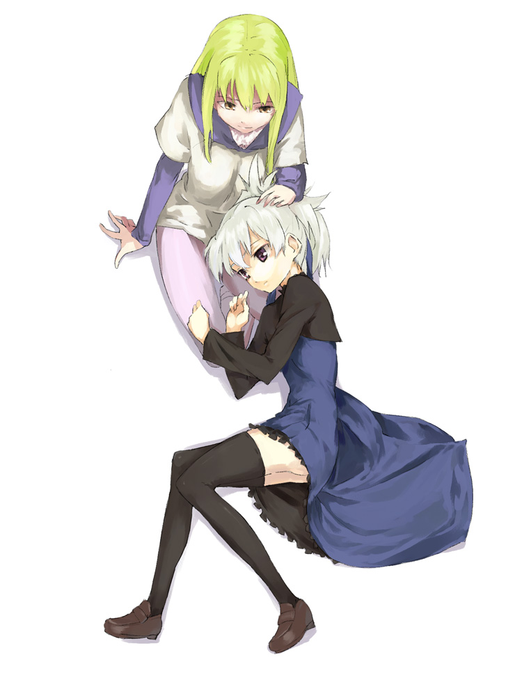 u (the unko), amber (darker than black), yin (darker than black), darker than black, 00s, 2girls, blue dress, dress, from above, multiple girls, thighhighs, zettai ryouiki
