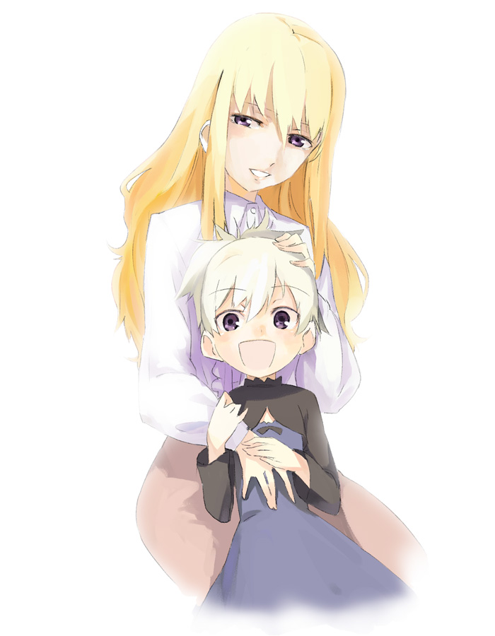 u (the unko), yin (darker than black), darker than black, 00s, 2girls, aged down, blonde hair, child, happy, long hair, mother and daughter, multiple girls, purple eyes, short hair, smile, white hair