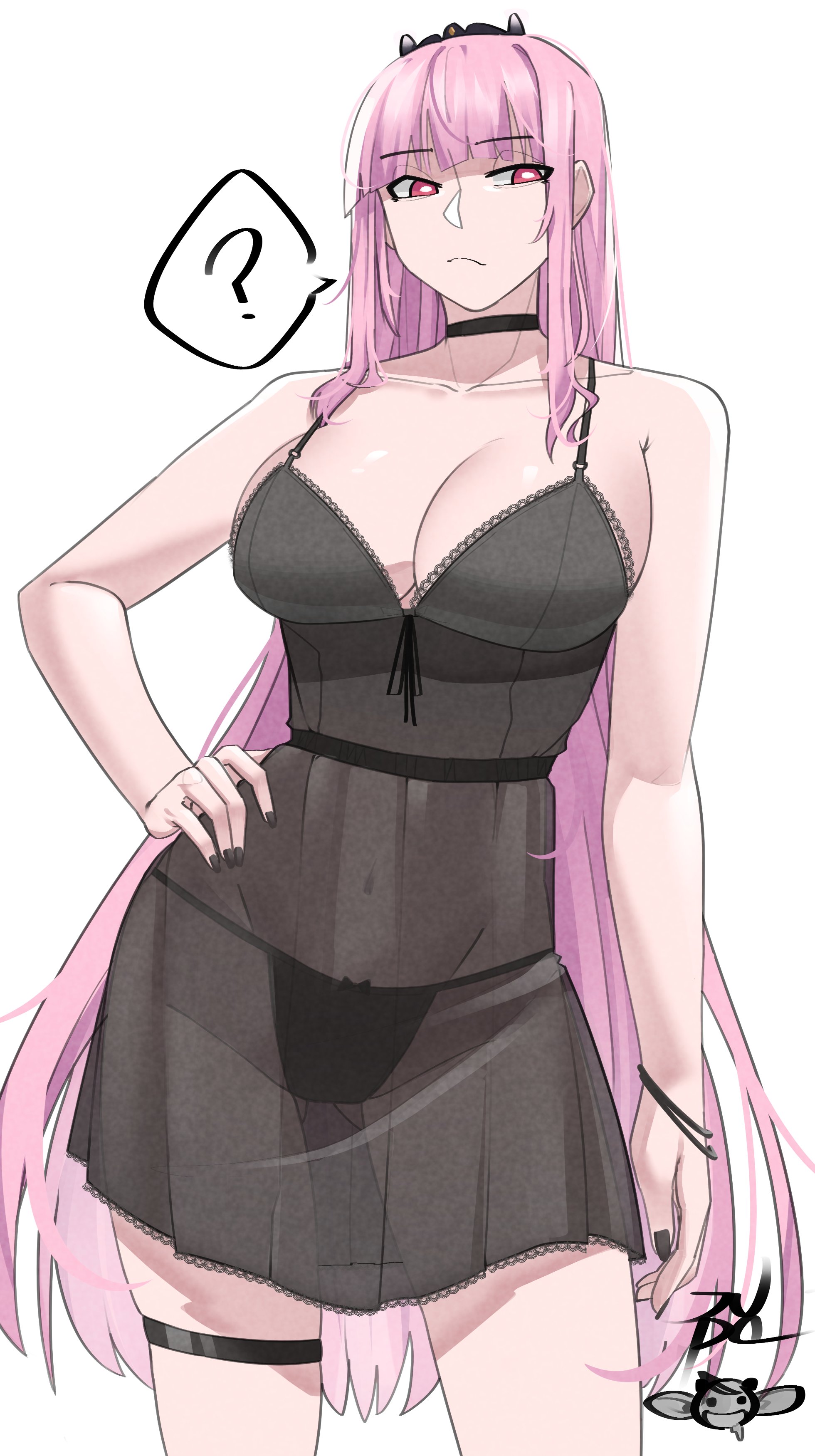juuuudo, mori calliope, mori calliope (sleepwear), hololive, hololive english, absurdres, highres, 1girl, alternate costume, bare shoulders, black choker, black nails, black nightgown, black tiara, breasts, choker, cleavage, collarbone, fingernails, large breasts, long hair, looking at viewer, nail polish, nightgown, official alternate costume, pink eyes, pink hair, red eyes, simple background, solo, tiara, virtual youtuber, white background