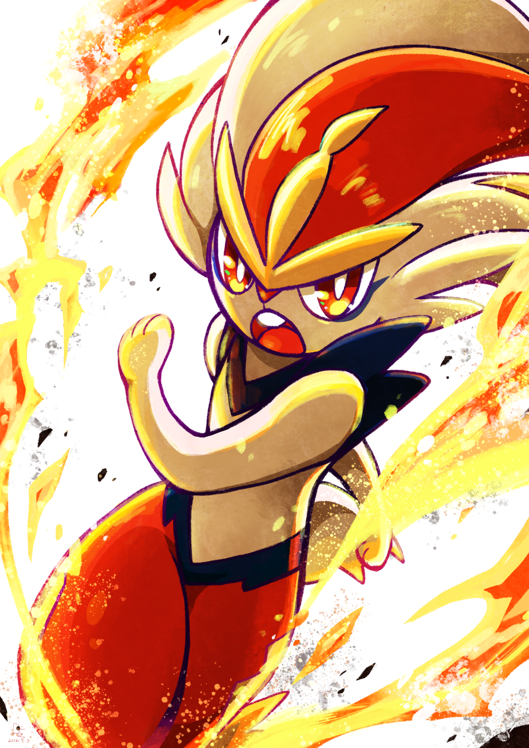 cinderace, nintendo, pokemon, commentary, highres, bright pupils, embers, fire, gen 8 pokemon, open mouth, orange eyes, pokemon (creature), pokemon focus, qz86, solo, teeth, upper teeth only, white pupils