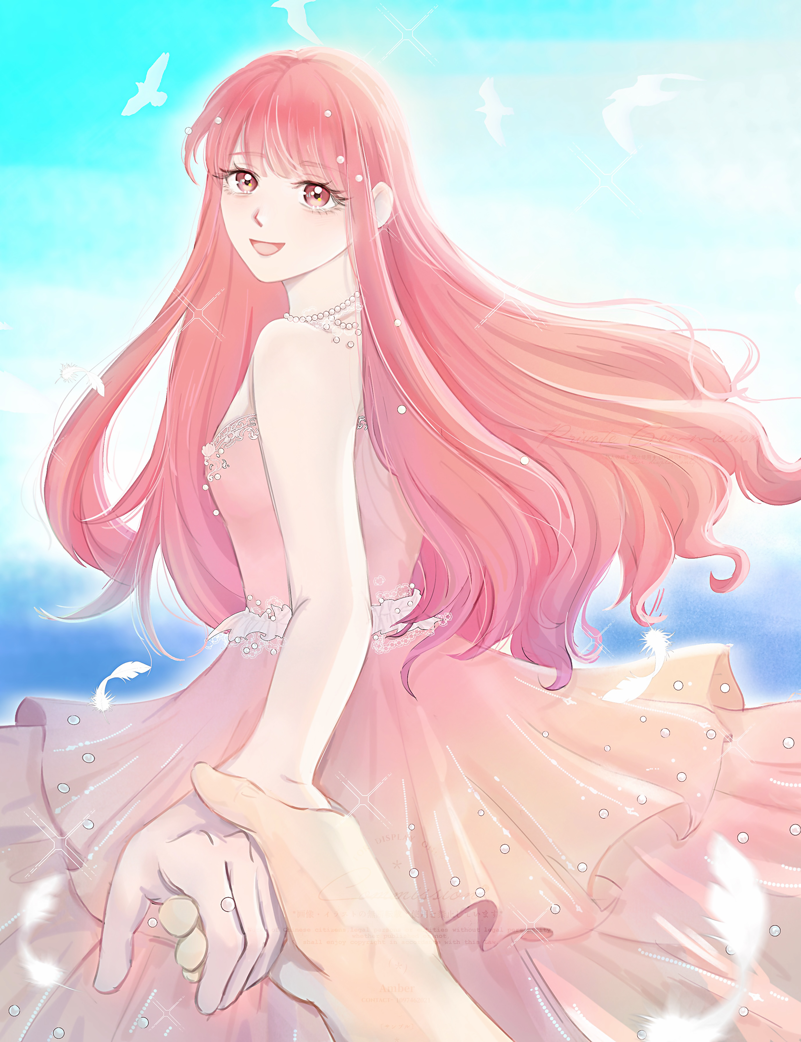 nikki (nikki), nikki (series), shining nikki, absurdres, chinese commentary, commentary request, highres, procreate (medium), 1girl, bare arms, bare shoulders, bead necklace, beads, blue sky, brown eyes, crazygirlisme, day, dress, eyelashes, falling feathers, feathers, gown, hair beads, hair ornament, happy, holding hands, jewelry, long dress, long hair, necklace, ocean, open mouth, outdoors, pink dress, pink hair, pov, sample watermark, simple bird, sky, sleeveless, sleeveless dress, smile, solo focus, sunlight, very long hair, watermark, wave's shallow ballad (shining nikki), wavy hair