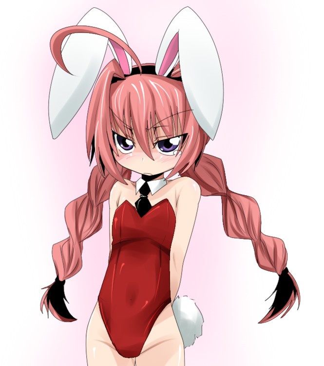 vita (nanoha), lyrical nanoha, mahou shoujo lyrical nanoha, 00s, angry, animal ears, child, fake animal ears, leotard, long hair, pink hair, playboy bunny, purple eyes, rabbit ears, twintails