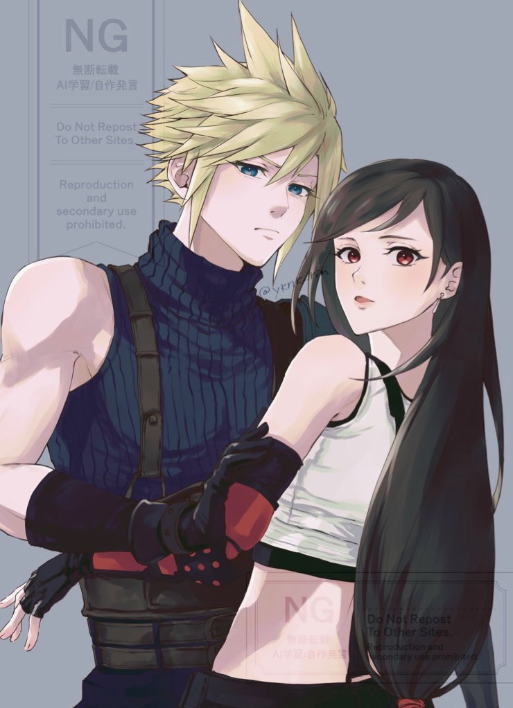yknk rin, cloud strife, tifa lockhart, final fantasy, final fantasy vii, final fantasy vii rebirth, final fantasy vii remake, commentary, english commentary, 1boy, 1girl, armor, bare shoulders, black gloves, black hair, black sports bra, blonde hair, blue eyes, blue sweater, blush, closed mouth, crop top, earrings, elbow gloves, fingerless gloves, gloves, grey background, hair between eyes, jewelry, long hair, looking at viewer, looking back, low-tied long hair, parted lips, red eyes, ribbed sweater, shoulder armor, single arm guard, single bare shoulder, single earring, skirt, sleeveless, sleeveless turtleneck, spiked hair, sports bra, suspender skirt, suspenders, sweater, tank top, turtleneck, turtleneck sweater, twitter username, upper body, white tank top