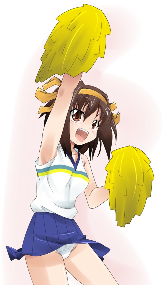 suzumiya haruhi, suzumiya haruhi no yuuutsu, 00s, 1girl, arm up, blue skirt, brown eyes, brown hair, cheerleader, clothes lift, female focus, open mouth, panties, pom pom (cheerleading), short hair, skirt, skirt lift, solo, underwear, white panties