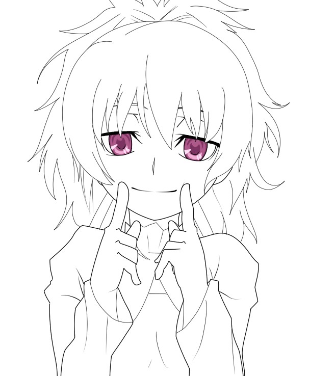 yin (darker than black), darker than black, 00s, 1girl, female focus, fingersmile, long sleeves, monochrome, outline, ponytail, purple eyes, simple background, sketch, solo, spot color, white background