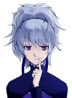 yin (darker than black), darker than black, lowres, 00s, 1girl, dress, female focus, fingersmile, grey hair, hair ribbon, ponytail, purple dress, purple eyes, ribbon, simple background, solo, white background
