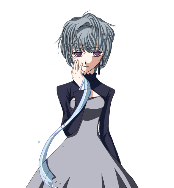 yin (darker than black), darker than black, 00s, 1girl, dress, female focus, grey hair, hair ribbon, long sleeves, ponytail, purple eyes, ribbon, simple background, solo, water, white background
