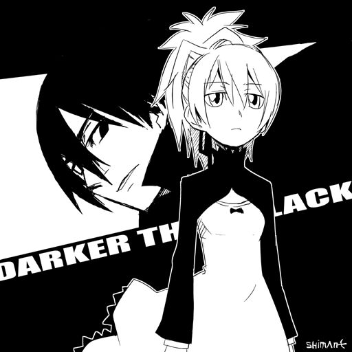 hei (darker than black), hong meiling, yin (darker than black), darker than black, 00s, 1boy, 1girl, cleavage cutout, clothing cutout, dress, greyscale, jitome, long sleeves, looking at viewer, monochrome, ponytail, short hair