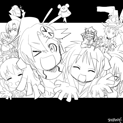 hiiragi kagami, juliet fiammatta ars de capulet, kamen rider den-o, yin (darker than black), yoko littner, bokurano, darker than black, idolmaster, idolmaster xenoglossia, kamen rider, lucky star, motteke! serafuku, oedo rocket, ooedo rocket, romeo x juliet, seto no hanayome, tengen toppa gurren lagann, 6+girls, crossover, greyscale, monochrome, multiple girls, parody