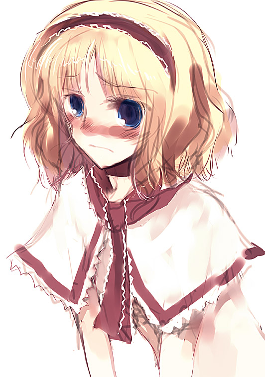 nokishita, alice margatroid, touhou, 1girl, blonde hair, blue eyes, blush, capelet, female focus, hairband, solo