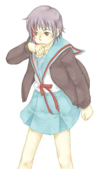 nagato yuki, suzumiya haruhi no yuuutsu, 00s, blood, cardigan, school uniform, serafuku, solo