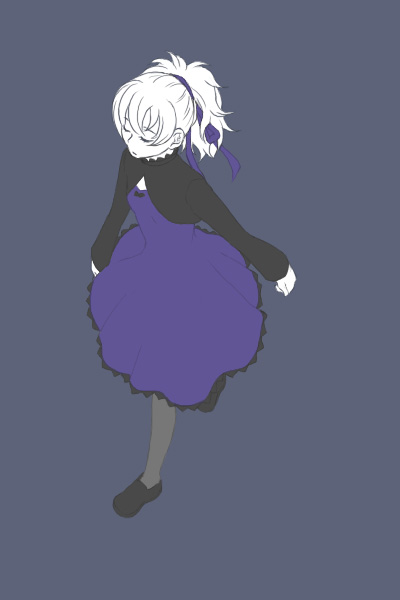 yin (darker than black), darker than black, 00s, 1girl, closed eyes, dress, female focus, full body, hair ribbon, long sleeves, ponytail, purple dress, purple ribbon, ribbon, simple background, solo, walking, white hair