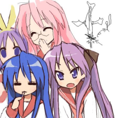 hiiragi kagami, hiiragi tsukasa, izumi konata, takara miyuki, lucky star, lowres, 00s, 4girls, :3, = =, glasses, multiple girls, school uniform, serafuku, sisters, twins