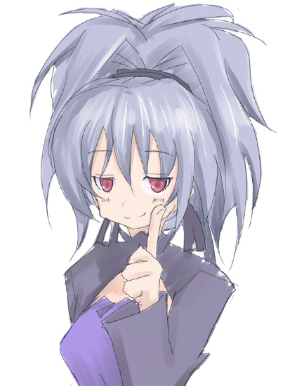 narakashiwa, yin (darker than black), darker than black, 00s, 1girl, black dress, dress, expressionless, female focus, fingersmile, grey hair, hair ribbon, index finger raised, jitome, long sleeves, looking at viewer, ponytail, purple dress, red eyes, ribbon, simple background, solo, upper body, white background
