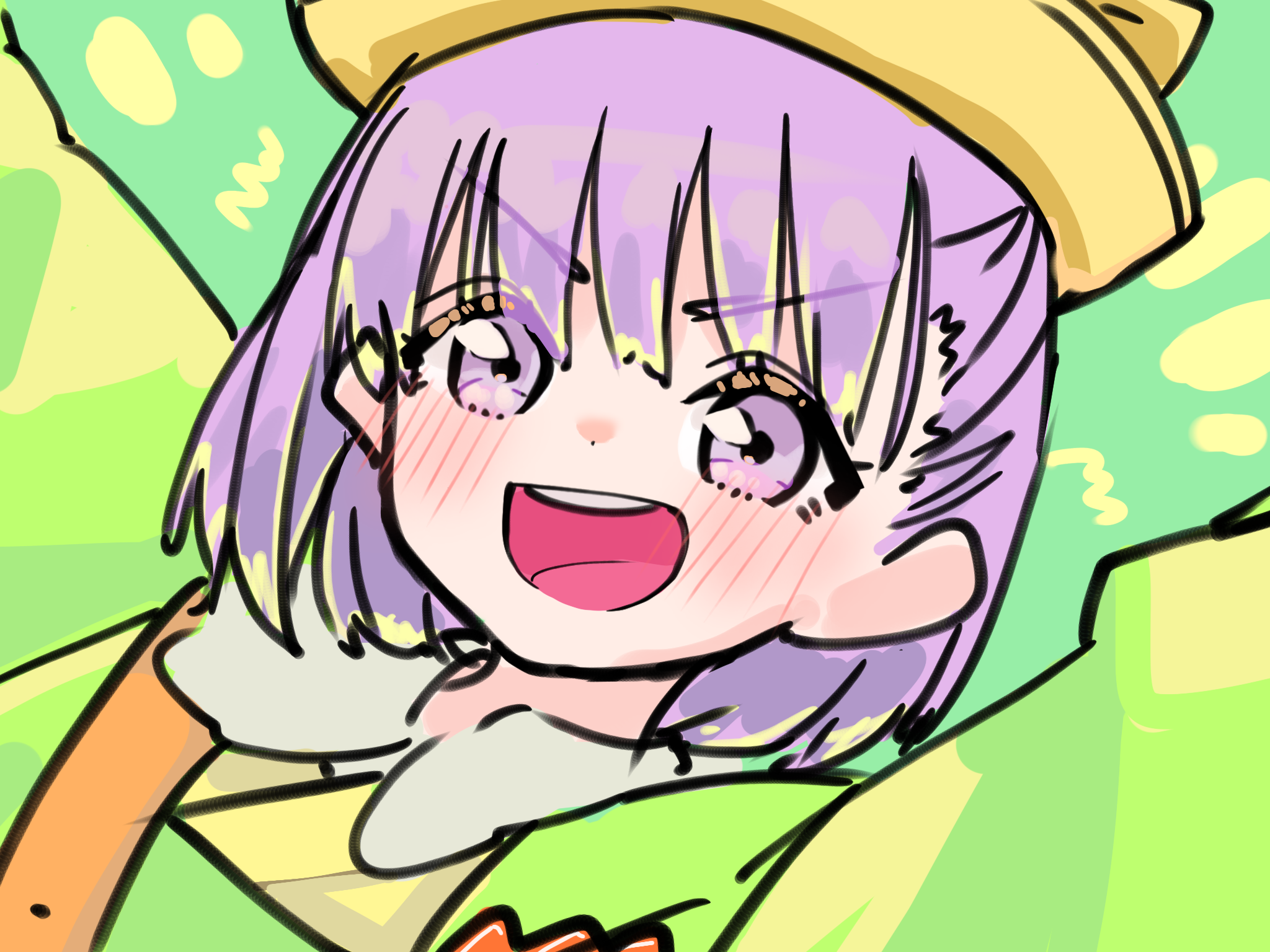 niwaikanai, kazuradrop (fate), kazuradrop (first ascension) (fate), fate/grand order, fate (series), highres, textless version, 1girl, blush, bow, breasts, green kimono, hair bow, hat, japanese clothes, kimono, long sleeves, looking at viewer, open mouth, purple eyes, purple hair, sailor collar, short hair, small breasts, smile, solo, tassel, white hat, white sailor collar, wide sleeves, yellow bow