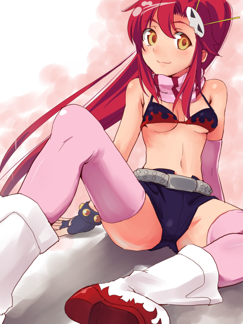 tatsukichi, yoko littner, tengen toppa gurren lagann, eyebrows, 00s, 1girl, asymmetric gloves, asymmetrical gloves, belt, bikini, bikini top only, black gloves, boots, breasts, closed mouth, female focus, fingerless gloves, flame print, gloves, hair ornament, hair stick, long hair, looking at viewer, medium breasts, navel, pink gloves, pink thighhighs, ponytail, red hair, scarf, shorts, sitting, skull hair ornament, smile, solo, stomach, swimsuit, thighhighs, underboob, uneven gloves, white boots, yellow eyes