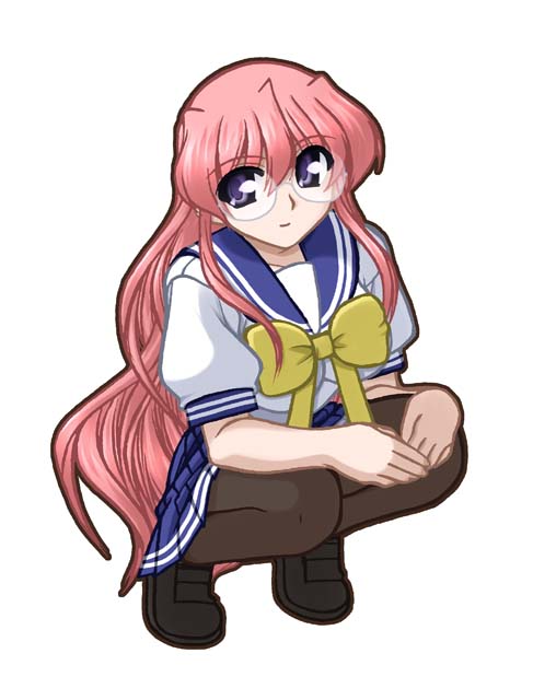 ooba kou, takara miyuki, lucky star, tagme, 00s, 1girl, female focus, glasses, school uniform, serafuku, simple background, solo, squatting