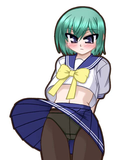 ooba kou, iwasaki minami, lucky star, tagme, 00s, 1girl, female focus, panties, pantyhose, school uniform, serafuku, simple background, solo, underwear