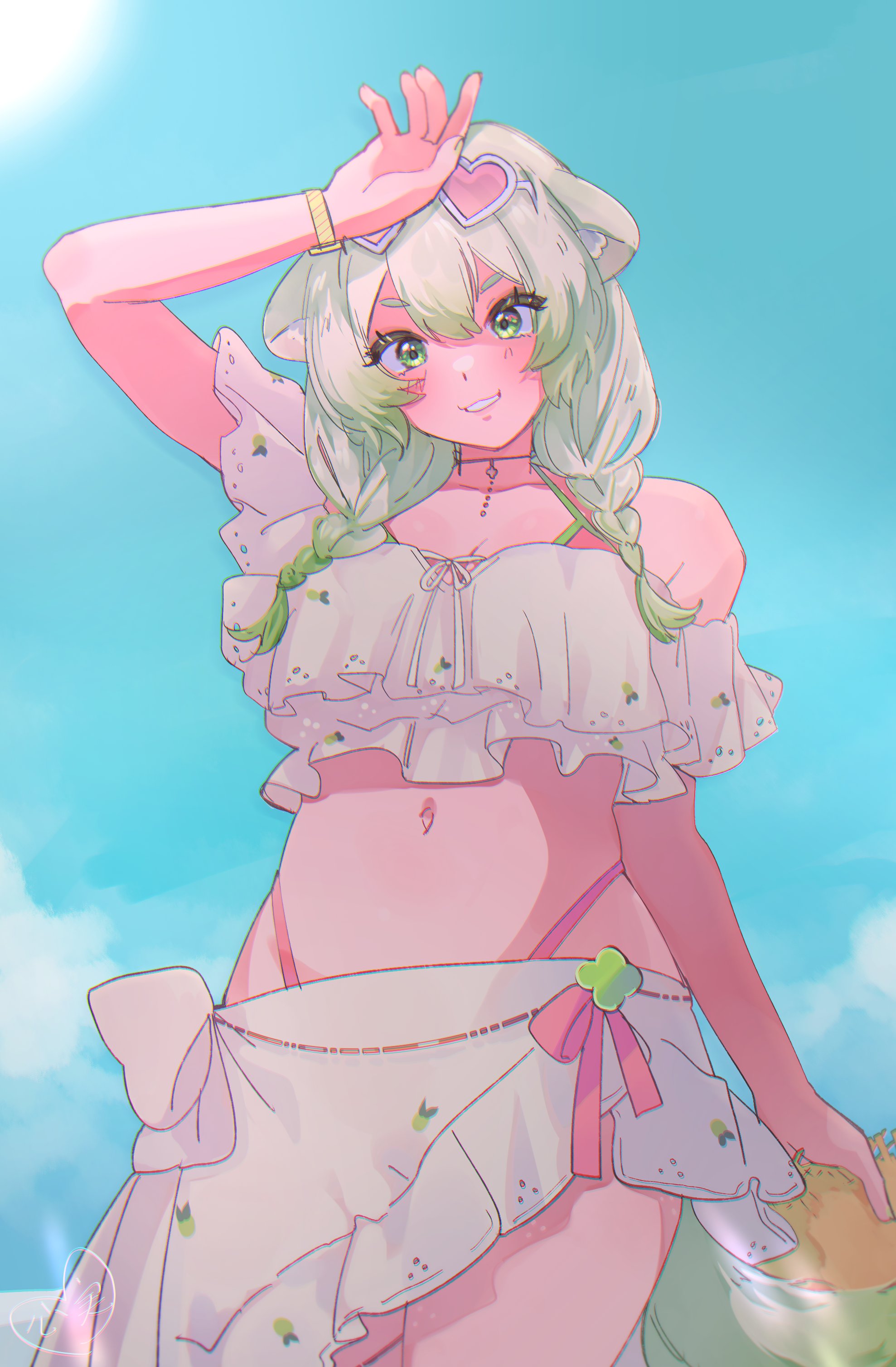 kokomi (aniesuakkaman), laimu (vtuber), vinesauce, absurdres, highres, animal ears, beach, belly, bikini, breasts, crop top, ferret ears, frills, gold choker, gradient hair, green eyes, green hair, green nails, hair between eyes, hat, heart, heart-shaped eyewear, high-waist bikini, laimu (vtuber) (summer), looking at viewer, medium breasts, miniskirt, multicolored hair, navel, pink nails, skindentation, skirt, summer, sun, sun hat, sunglasses, swimsuit, thighs, two-tone hair, virtual youtuber, watch, white hair, wristwatch