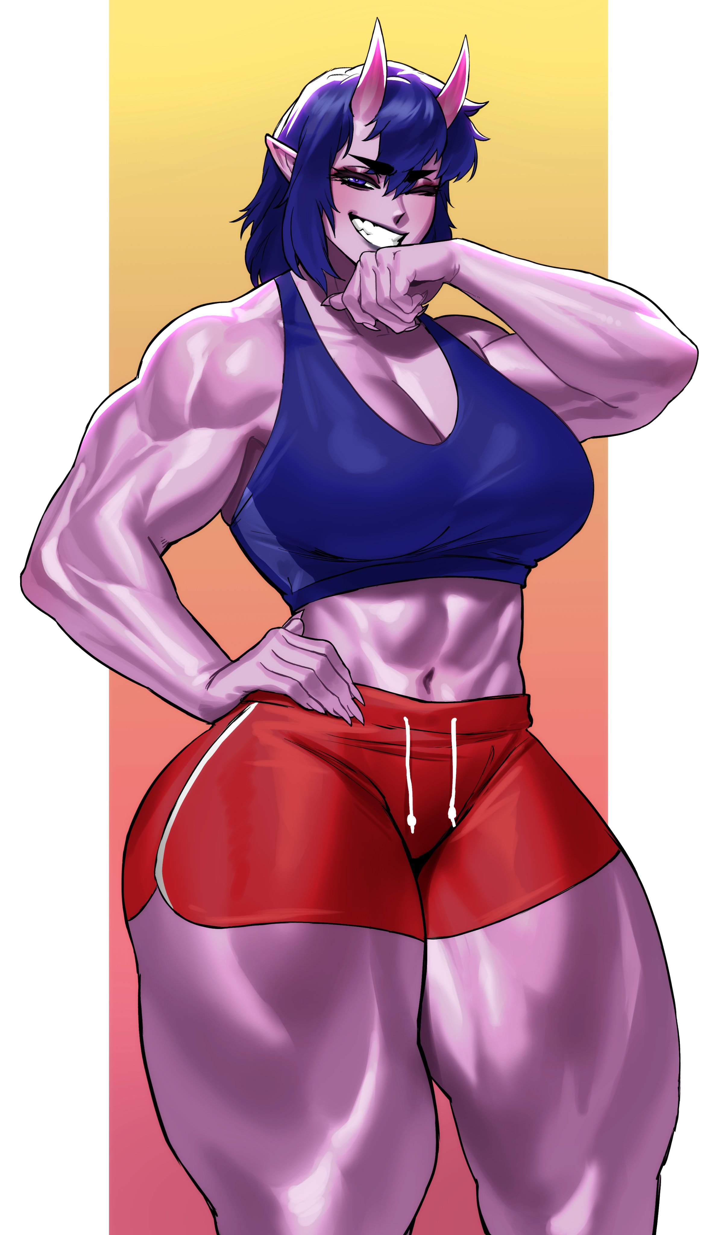 sotcho, original, absurdres, commentary, commission, english commentary, highres, 1girl, abs, bare arms, bare shoulders, blue eyes, blue hair, blue sports bra, borrowed character, breasts, cleavage, colored skin, cowboy shot, dolphin shorts, gradient background, grin, hair between eyes, hand on own hip, hand up, hina (chippdraws), horns, large breasts, looking at viewer, midriff, muscular, muscular female, navel, one eye closed, oni, pointy ears, purple skin, red shorts, shorts, skin-covered horns, smile, solo, sports bra, standing, thick eyebrows, thick thighs, thighs
