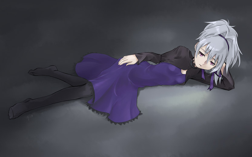 ugai yuichi, yin (darker than black), darker than black, 00s, feet, flat chest, long hair, lying, pantyhose, ponytail, red eyes, solo, white hair