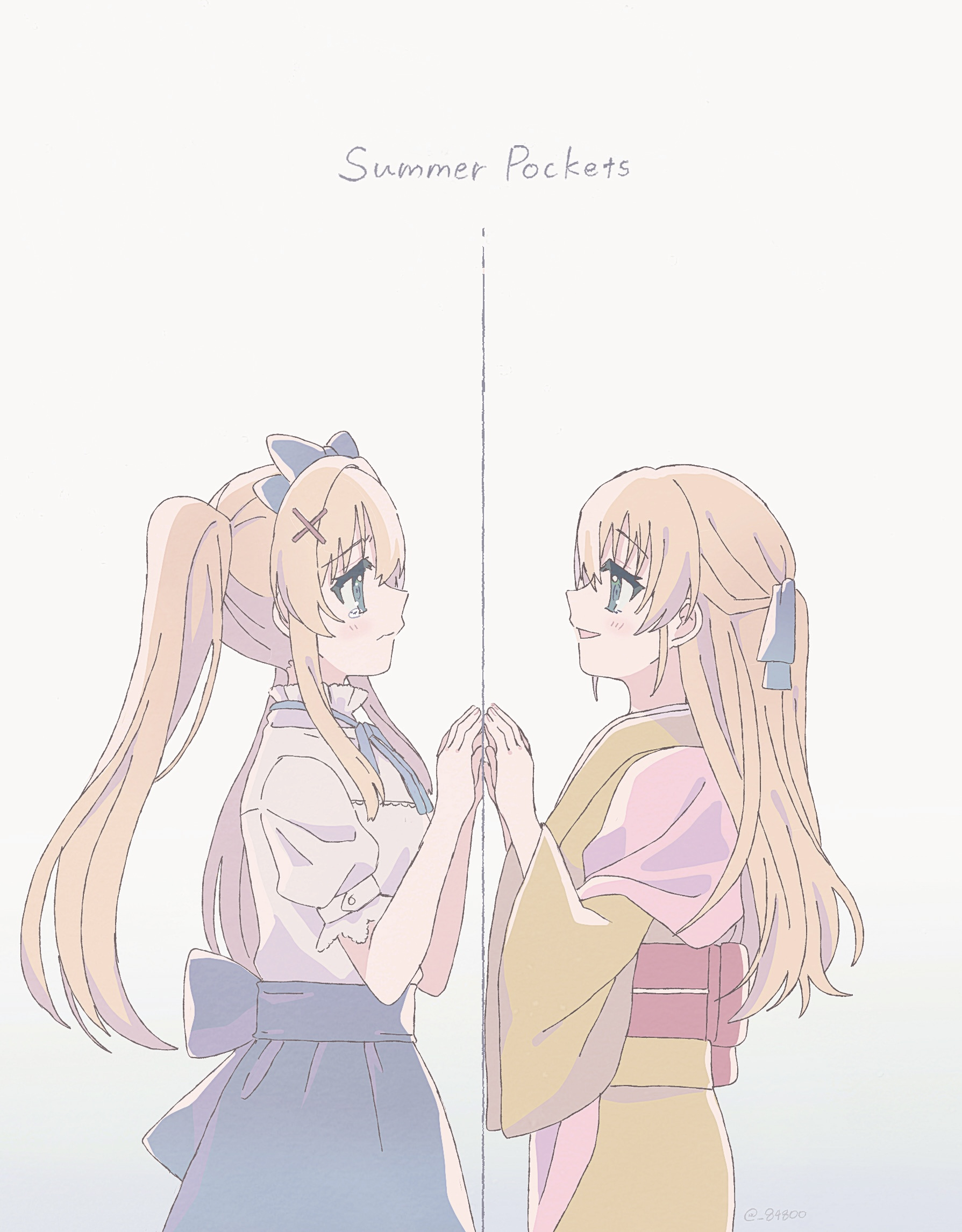 tsumugi wenders, summer pockets, commentary request, highres, spoilers, 2girls, :d, back bow, blue bow, blue ribbon, blue skirt, blush, bow, closed mouth, colored eyelashes, copyright name, cowboy shot, dual persona, eye contact, from side, green eyes, hair bow, hair intakes, hair ribbon, half updo, hands up, high-waist skirt, japanese clothes, kimono, long hair, long sleeves, looking at another, multiple girls, nalyo1, neck ribbon, official alternate costume, open mouth, profile, puffy short sleeves, puffy sleeves, red sash, ribbon, sad, sash, shirt, short sleeves, sidelocks, simple background, skirt, smile, straight hair, tears, twintails, twitter username, very long hair, white background, white shirt, wide sleeves, yellow kimono
