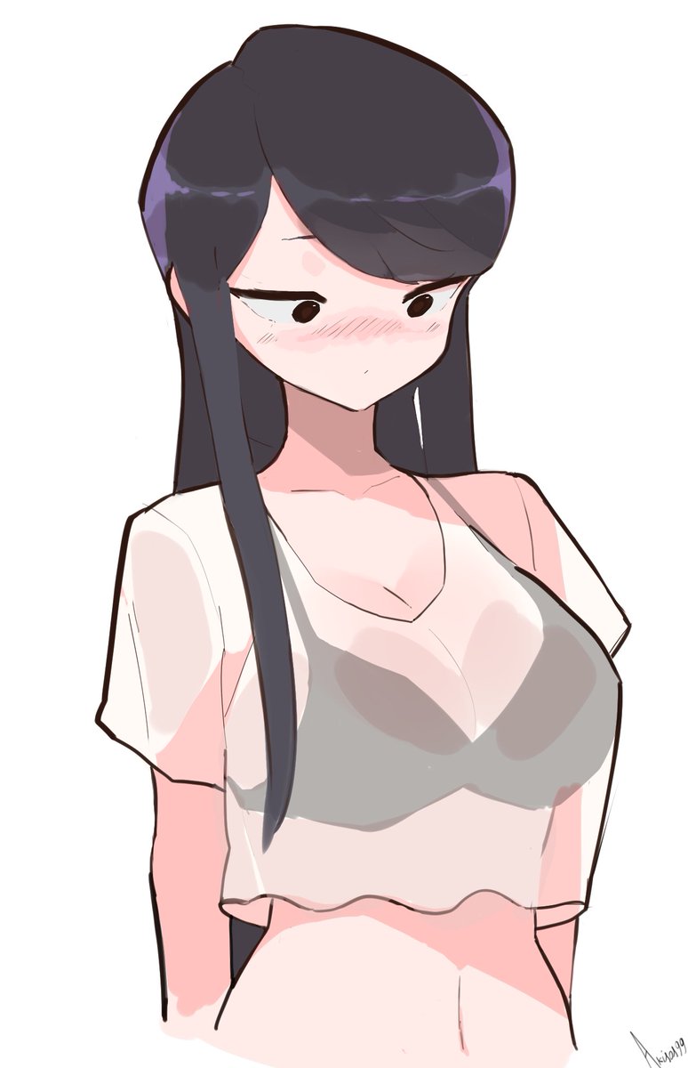 akisas99, komi shouko, komi-san wa komyushou desu, highres, 1girl, black hair, blush, bra, breasts, large breasts, looking down, navel, see-through clothes, shirt, simple background, solo, underwear, upper body, white background