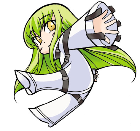 c.c., code geass, lowres, 00s, 1girl, chibi, female focus, green hair, simple background, solo, straitjacket