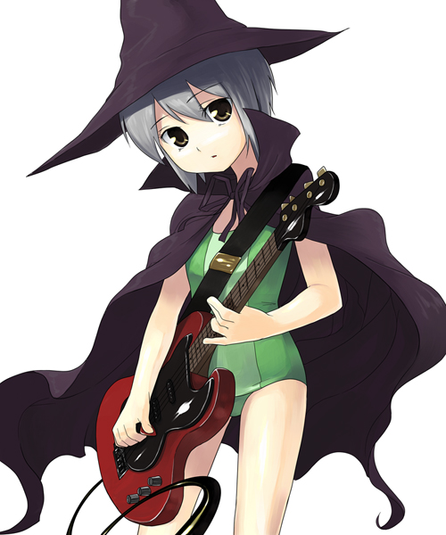 b-ginga, nagato yuki, suzumiya haruhi no yuuutsu, 00s, bass guitar, cape, hat, instrument, one-piece swimsuit, solo, swimsuit, witch hat