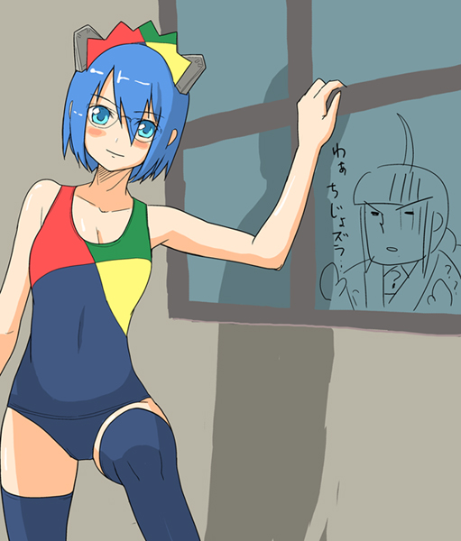 b-ginga, 2k-tan, os-tan, breasts, cleavage, glasses, oekaki, swimsuit, thighhighs, three fingers