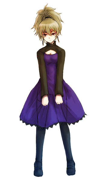 kara (color), yin (darker than black), darker than black, 00s, 1girl, alternate hair color, blonde hair, brown eyes, cleavage cutout, clothing cutout, dress, female focus, full body, long sleeves, looking at viewer, ponytail, purple dress, purple skirt, shaded face, skirt, solo, standing, thighhighs