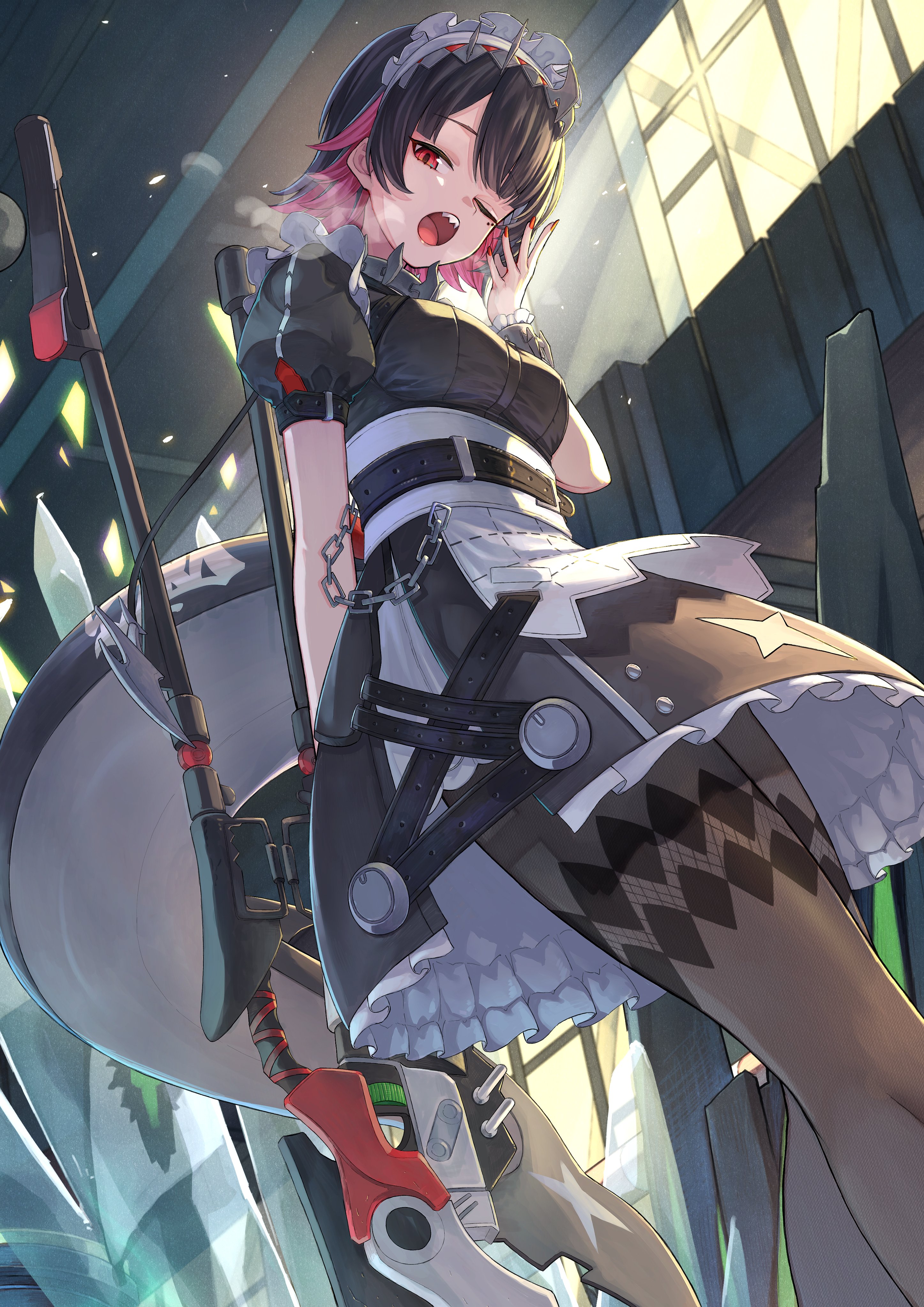 iam (tetsu0ekaki), ellen joe, zenless zone zero, absurdres, highres, 1girl, apron, arm behind back, belt, black dress, black hair, black pantyhose, breasts, breath, chain, colored inner hair, dress, fins, fish tail, hand up, holding, holding weapon, looking at viewer, looking down, maid headdress, mole, mole under eye, multicolored hair, one eye closed, open mouth, outdoors, pantyhose, puffy sleeves, red eyes, sash, shark tail, sharp teeth, short hair, small breasts, solo, tail, teeth, waist apron, weapon, window, yawning