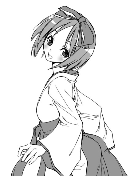 satou atsuki, hiiragi tsukasa, lucky star, 00s, greyscale, japanese clothes, miko, monochrome, sketch, solo
