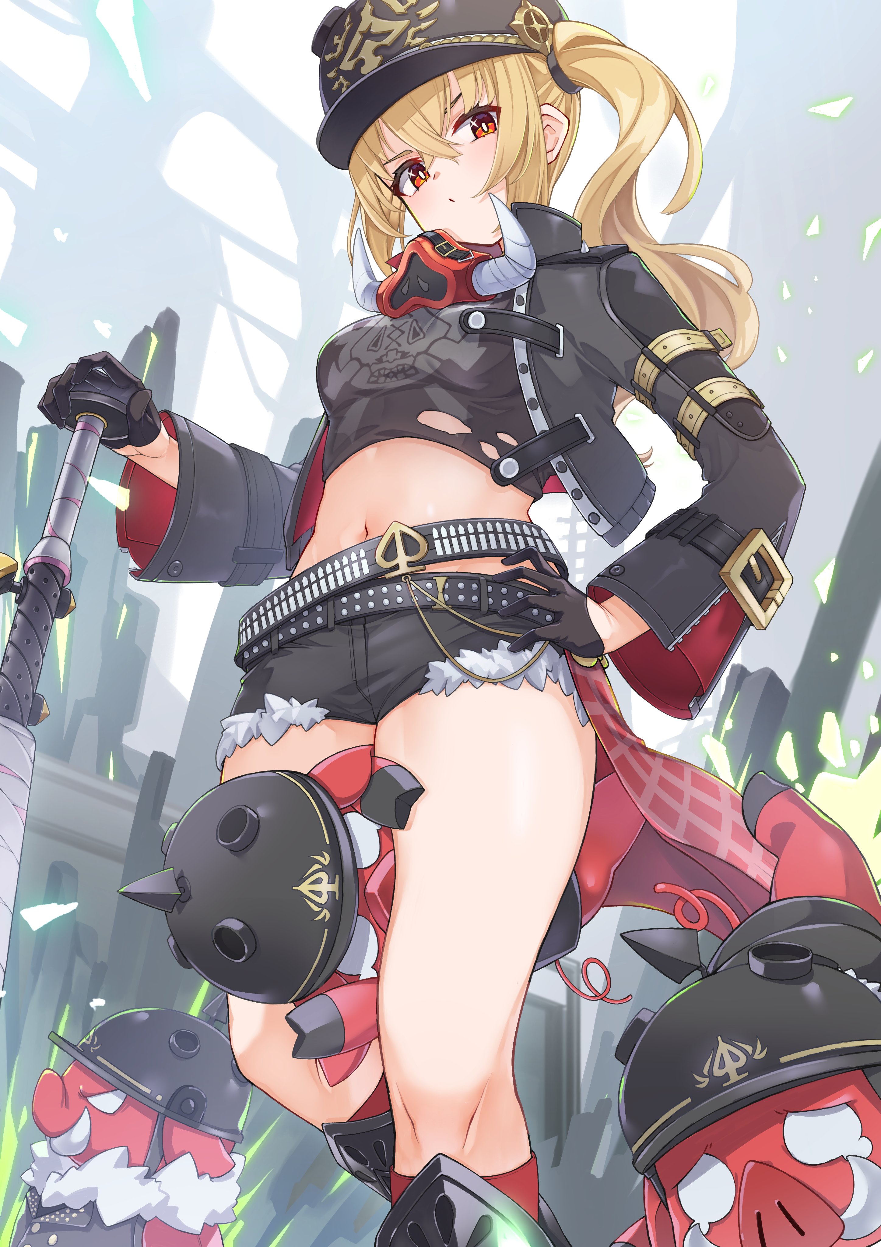 iam (tetsu0ekaki), luciana de montefio, zenless zone zero, absurdres, highres, 1girl, baseball bat, belt, between thighs, black gloves, black shirt, black shorts, blonde hair, blush, breasts, crop top, gloves, half gloves, helmet, holding, holding baseball bat, jacket, long hair, long sleeves, looking at viewer, lucy's crew (zenless zone zero), navel, open clothes, open jacket, person between thighs, red eyes, red socks, shirt, short shorts, shorts, side ponytail, small breasts, socks, thighhighs, torn clothes, torn shirt