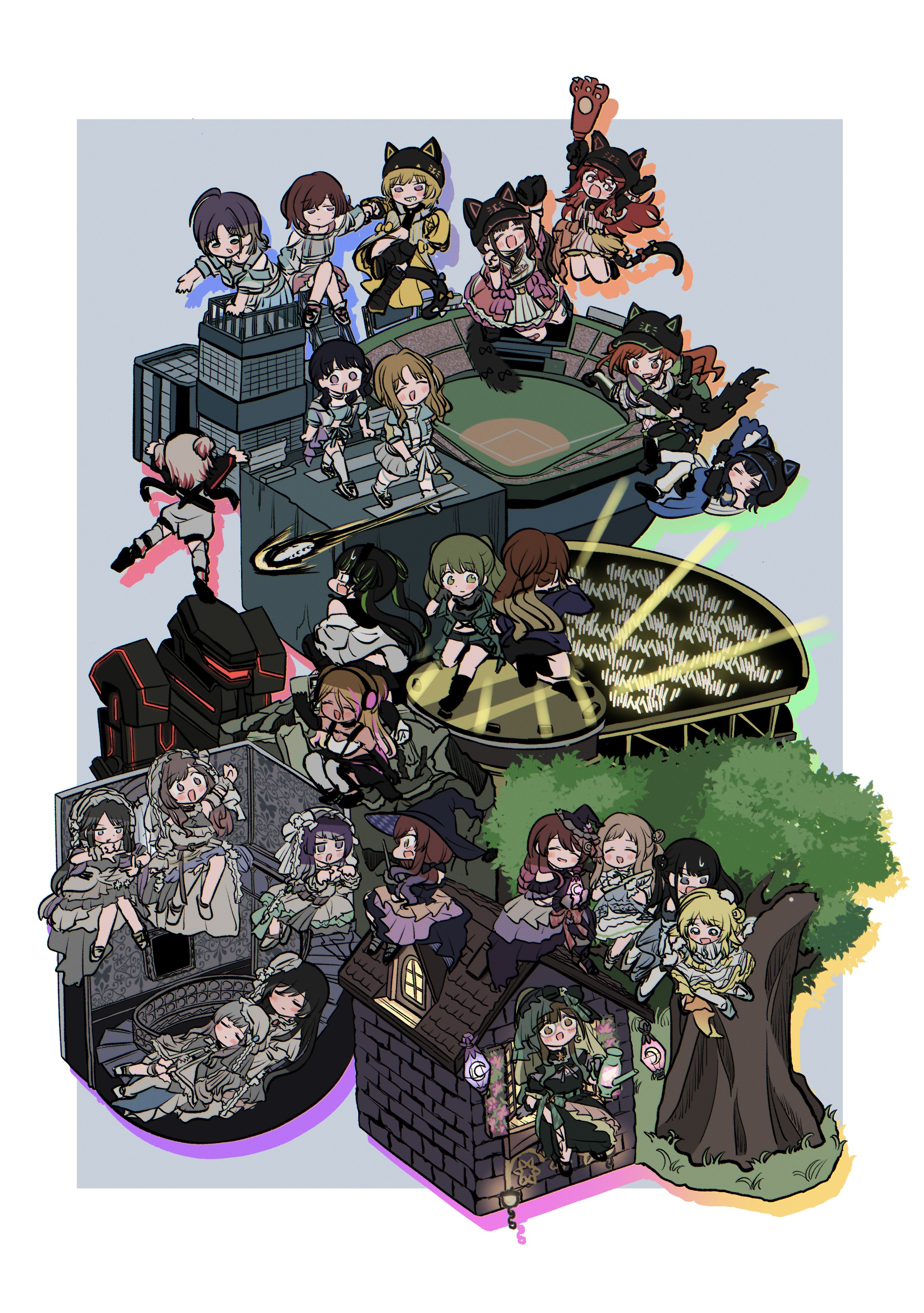 sobakawan, aketa mikoto, arisugawa natsuha, asakura toru, fukumaru koito, hachimiya meguru, higuchi madoka, ichikawa hinana, izumi mei, kazano hiori, komiya kaho, kuwayama chiyuki, l'antica (idolmaster), mayuzumi fuyuko, mitsumine yuika, morino rinze, nanakusa nichika, noctchill (idolmaster), osaki amana, osaki tenka, saijo juri, sakuragi mano, serizawa asahi, shirase sakuya, sonoda chiyoko, tanaka mamimi, tsukioka kogane, yukoku kiriko, idolmaster, idolmaster shiny colors, absurdres, highres, 6+girls, alstroemeria (idolmaster), ball, baseball (object), baseball stadium, black bow, black gloves, black hair, blonde hair, blue bow, blush, bow, breasts, brown hair, cat tail, cleavage, crosswalk, glasses, gloves, green eyes, green hair, grey hair, hair ornament, hat, headphones, houkago climax girls (idolmaster), idolmaster shiny colors panorama wing, illumination stars (idolmaster), multiple girls, open mouth, red hair, straylight (idolmaster), tail, tail bow, tail ornament, tree, witch hat, yellow bow