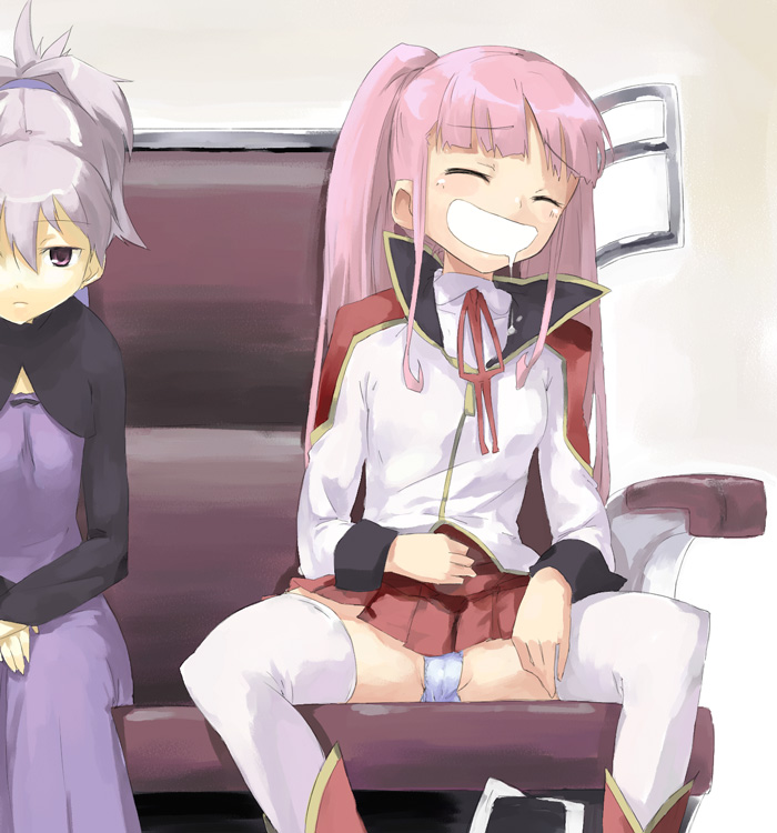 u (the unko), kayanuma kiko, yin (darker than black), darker than black, 00s, 2girls, cameltoe, closed eyes, dress, drunk, multiple girls, panties, pantyshot, pink hair, purple dress, saliva, skirt, smile, thighhighs, underwear, white thighhighs